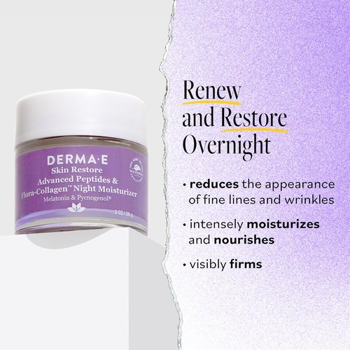 Derma E Advanced Peptides Night Moisturizer - Vegan Flora-Collagen Cream for Hydration & Elasticity | 2 Oz