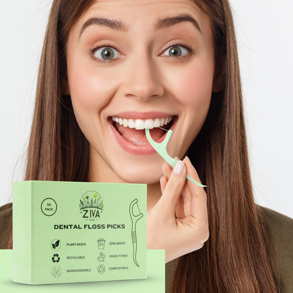 Ziva Eco Biodegradable Mint Dental Floss Picks – 200 Count (4 Packs of 50) | PFAS‑Free | Shred‑Resistant Mint Thread | Unbreakable Corn‑Starch Handle | for Tight Teeth & Daily Oral Care