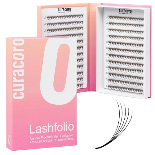 Curacoro LashFolio Narrow Promade Fans, 10D-0.03 CC Curl, 8mm-15mm Length, Handmade Volume Eyelashes, Professional Long-Lasting Promade Lash Fans