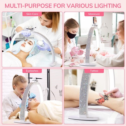 Lavinda 29'' Half Moon Light for Nail Desk, Dimmable 3000K-6000K LED Nail Table Lamp with Phone Holder & Wire Controller for DIY Manicure, Eyelash Extension, Skincare, Tattoo (Crystal Diamond)