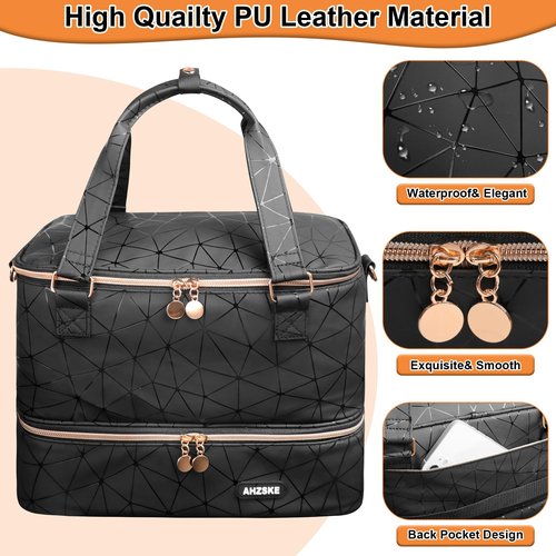 ahzske Nail Polish Organizer Bag Holds Nail Lamp& 50 Bottles (15ml/0.5fl.oz), PU Leather Nail Supplies Organizer Case with Shoulder& Holder Strap, Travel Nail Kit Storage for Manicure Tools (Black)