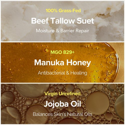 100% Grass-Fed Suet Beef Tallow and Manuka Honey Balm Natural Moisturizer Cream for Face & Body Eczema Relief Cream Moisturizer for Dry Skin Pure Tallow Face Moisturizer for Sensitive Skin