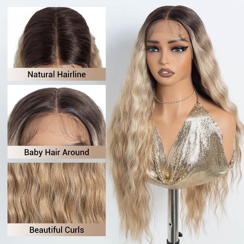 NOBLE Long Wavy Lace Front Wig Highlight Ash Blonde 30 Inch Middle Part Synthetic Lace Front Wig Heat Resistant Fiber Wigs for Daily Party Use