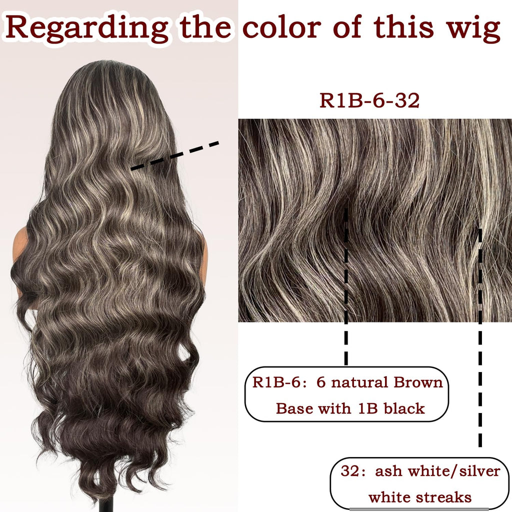 ZadaBelly Highlight 30 inch Body Wave 13x4 Lace Front Wig Brown Base with Black Wavy Hair Pre Plucked Hairline with Baby Hair, Transparent glueless Lace Synthetic Wig for Women Heat Resistant