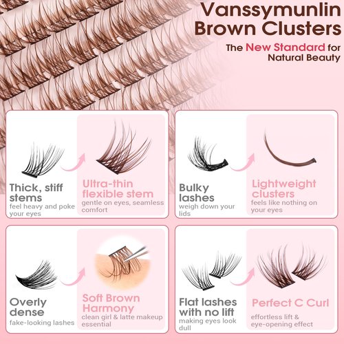 Natural Brown Lash Clusters Kit Wispy Eyelashes Clusters Kit C Curl Cluster Eyelash Extensions 10-16mm Cluster Lashes DIY Eyelash Clusters Waterproof Individual Lashes Extension Kit with Brush
