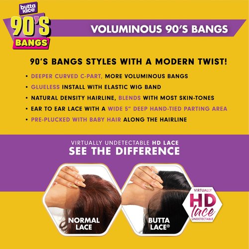 Sensationnel Butta Lace 90Sbangs Wigs - Unit 902 Glueless Wide Deep Part Synthetic Preplucked Hairline (1B OFFBLACK)
