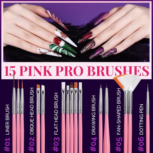 FANDAMEI Nail Charms and Nail Brushes, Nail Accessories Kit with 15 Pcs Nail Art Brushes, 6 Box Nail Charms and Gems, 10 Pcs Flower Nail Stickers, 5 Pcs Dotting Tools, Nail Art Kit with Nail Brush