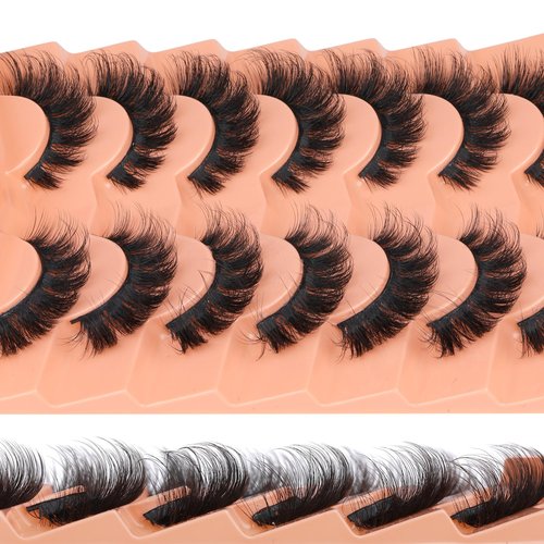 JIMIRE Mink Lashes Fluffy Cat Eye False Eyelashes D Curl Russian Strip Lashes Natural Look Soft Fake Lashes Volume Eyelash Extensions 7 Pairs Pack
