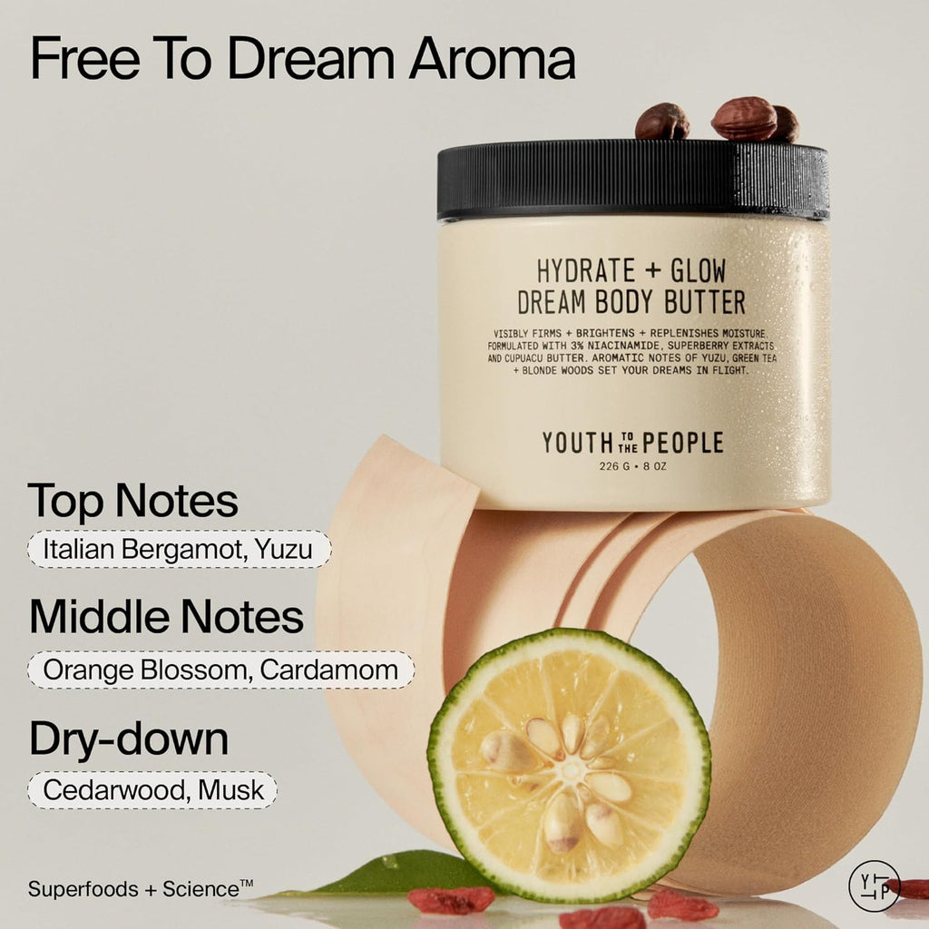 Youth To The People Superberry Body Butter - Hydrate & Brighten Skin Tone, 3% Niacinamide, Vegan, 8 oz