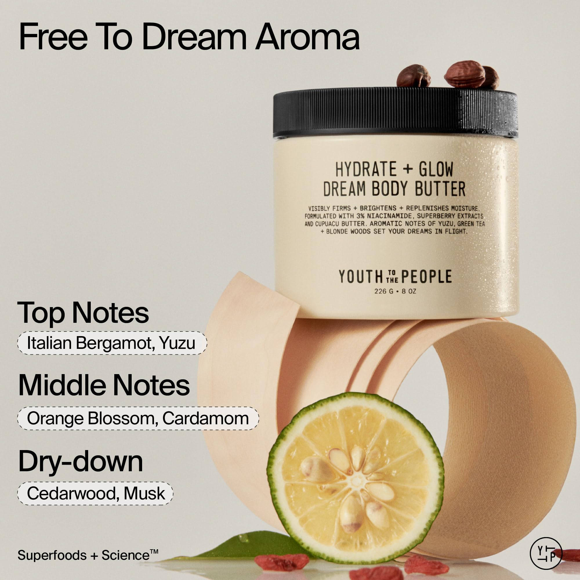 Youth To The People Superberry Hydrate + Glow Dream Body Butter - 3% Niacinamide + Jojoba Oil, Shea Butters, Yuzu + Green Tea + Blonde Woods Scented Body Lotion, Firming Moisturizer - 1.7 fl oz