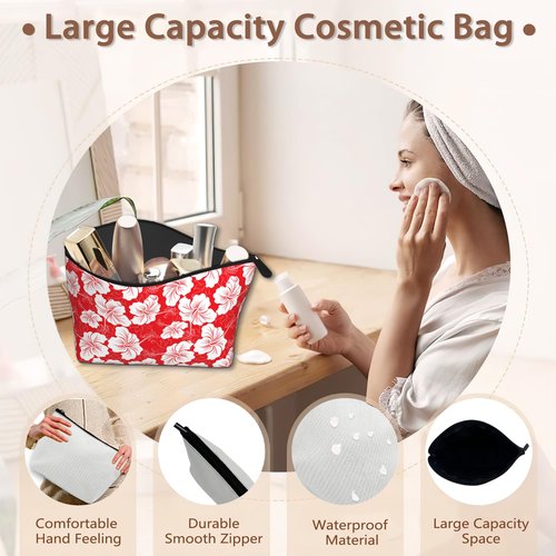 Red White Hibiscus Flower Cosmetic Bags for Women,Hawaiian Small Makeup Bag for Purse Travel Toiletry Bag Make up Accessories Organizer Zipper Pouch Gift Idea
