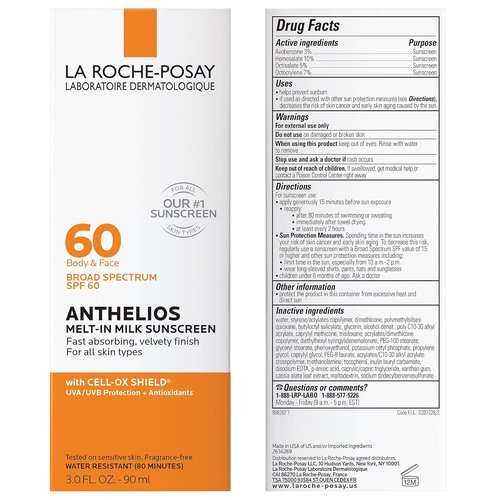 La Roche-Posay Anthelios Melt-In Milk Sunscreen SPF 60 - Lightweight, Oil-Free, Fast Absorbing Formula for Body & Face