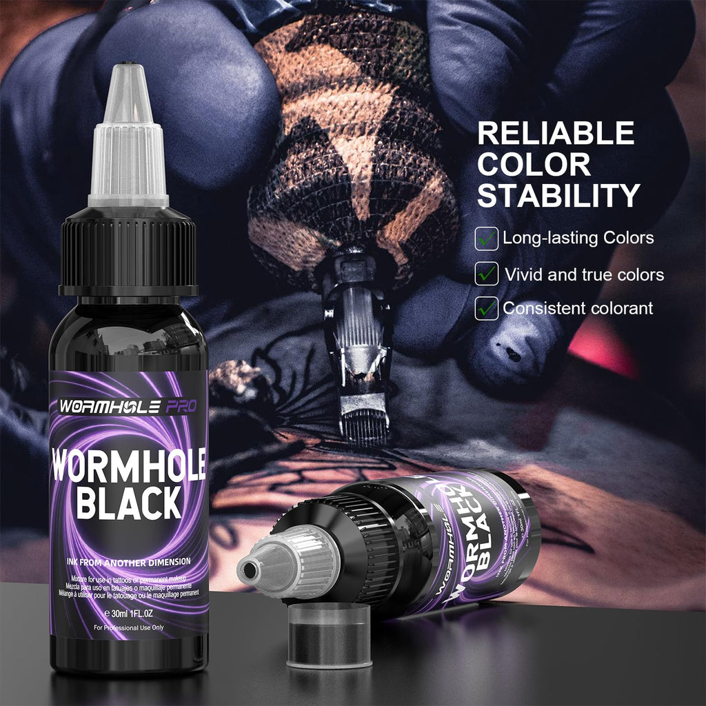 WORMHOLEPRO Black Tattoo Ink, Premium Long Lasting Vivid Color Tattoo Ink, Vegan Friendly Pigment Tattoo Supplies for Tattooist (1 oz Bottle)