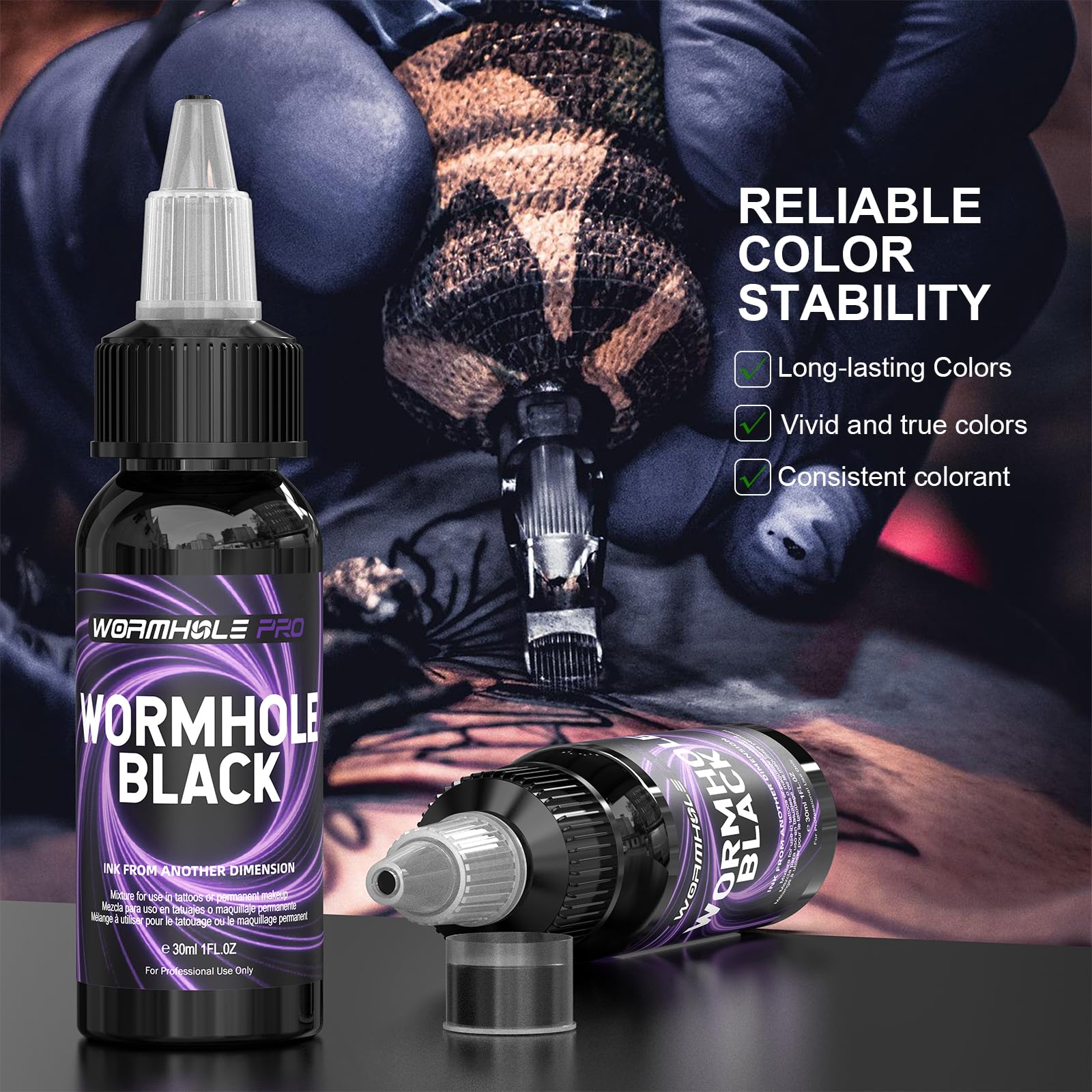 WORMHOLEPRO Black Tattoo Ink, Premium Long Lasting Vivid Color Tattoo Ink, Vegan Friendly Pigment Tattoo Supplies for Tattooist (1 oz Bottle)