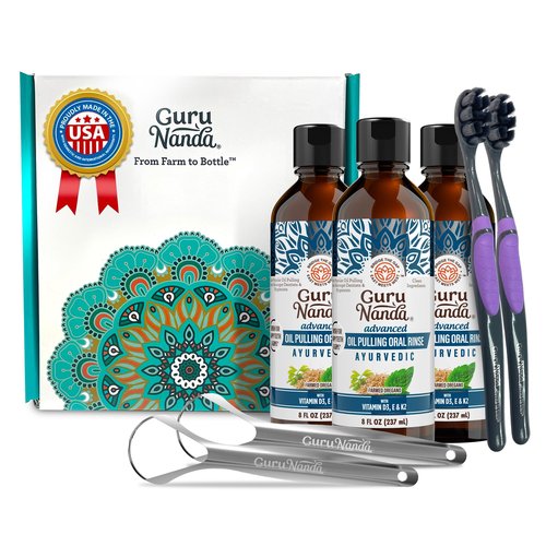 GuruNanda Advanced Oil Pulling Mouthwash for Enhanced Oral Care with Sesame & Oregano Oil, Promotes Deep Cleaning for Healthy Teeth & Gums, with Toothbrushes & Tongue Scrapers, Alcohol-Free, 3X8 Oz