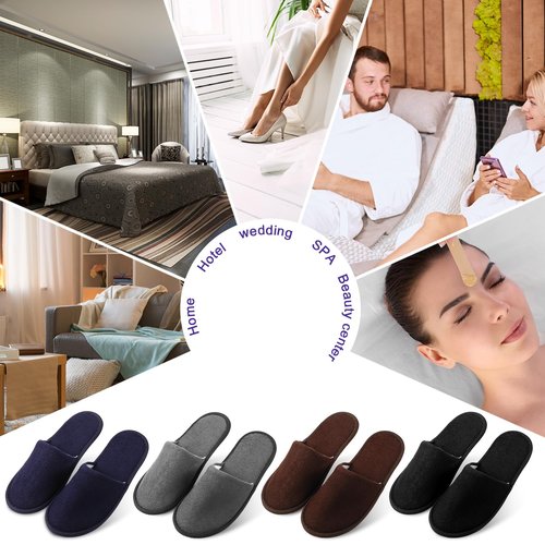 Geyoga 12 Pair Disposable Slippers for Guests Non Slip Disposable House Slippers Washable Reusable for Spa Travel Hotel Indoor Shoeless Home Bride Bathroom(Black, Brown, Navy Blue, Dark Gray,L)