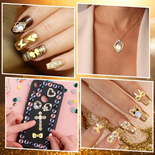 Lounsweer Gold Nail Charms and Gems Metal Crown Heart Butterfly Angel Luxury Crystal Diamonds Decor 3D Gold Rhinestones Shiny for Acrylic Nails Art Alloy Women Art Design DIY
