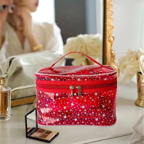 TotePrint Star Print Purple PVC Makeup Bag with Handle - 8.66 * 5.51 * 5.51 inch,Clear Storage Bag Toiletry Pocket Portable Zippered Pouch Waterproof Cosmetic Organizer Bags for Women (Purple-L)