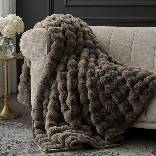 EverGrace Ultra Soft Faux Rabbit Fur Throw Blanket - Thick & Cozy Reversible Design, Dark Taupe, 60x80 Inches