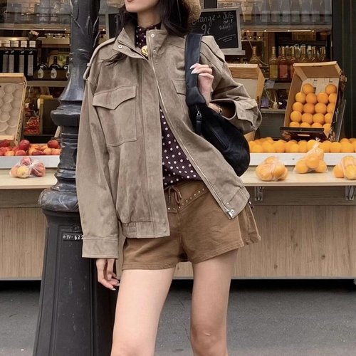 FindThy Women's Suede Leather Jacket - Vintage High Collar, Long Sleeve, Oversized with Pockets