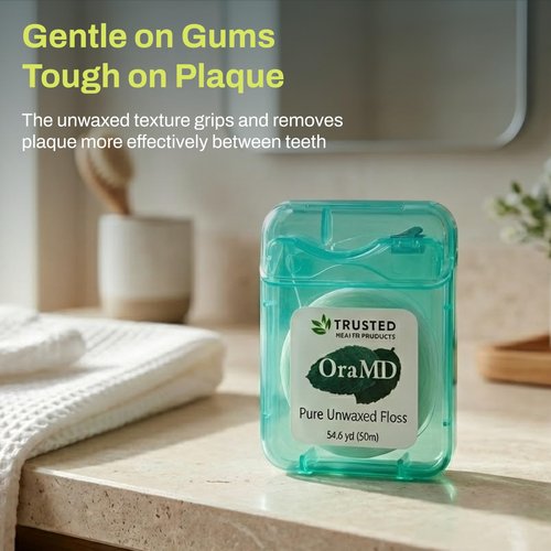 OraMD Oral Care Pure Unwaxed Dental Floss 54.6 Yards - PFAS-Free, Chemical Free, Shred Resistant - Unscented and Ultraclean Plaque Removal - Teeth and Gum Protection for Adults - Pack of 6