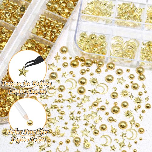BELICEY 3D Nail Charms Mix Gold Star Moon Sun Charms for Nails Gold Flatback Nail Pearls Nail Charms Gems Pearls for Nails Jewelry for DIY Nail Art Supply Accessories Crafts with Tweezer Picker Pen