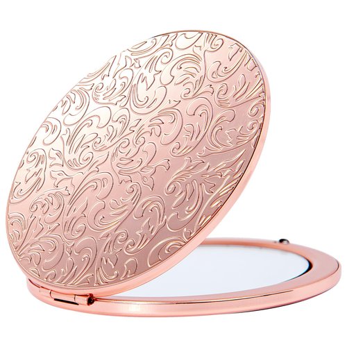 HAPUTDY Portable Compact Metal Folding Makeup Mirrors, Beautiful and Elegant,1X/2X Magnifier. (Rose Gold)