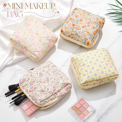 Paterr 4 Pcs Mini Quilted Floral Makeup Bag Women Gifts Small Cosmetic Bag Floral Quilted Makeup Pouch with Zipper Cute Travel Toiletry for Mom Teacher Women Girls Gifts(Pink, Orange Flower)
