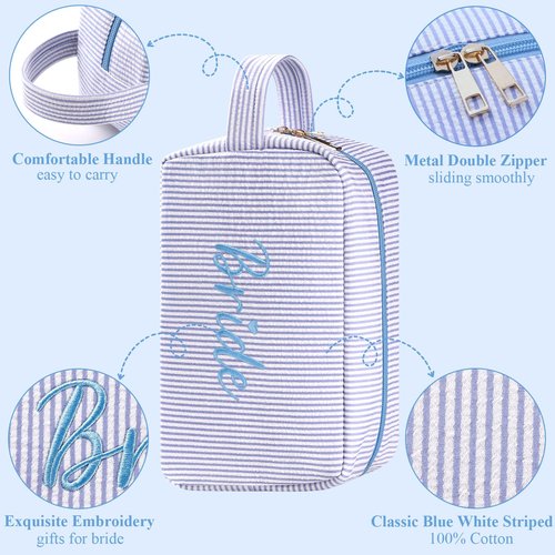 Etercycle Bride Makeup Bag, Blue Striped Cosmetic Bag Embroidery Bridal Shower Gifts, Large Travel Make Up Bags with Inside Pockets Toiletry Bag for Women Wedding Engagement Bachelorette Party