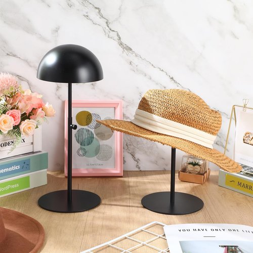 Sintuff 2 Pcs Hat Display Stand 7.9-15.7 Inch Adjustable Hat Holder Sturdy Wigs Head Stand Anti-rust Non-slip Stable Stainless Steel Metal Hat Rack for Multiple Hats Storage Wig(Black,Round Base)