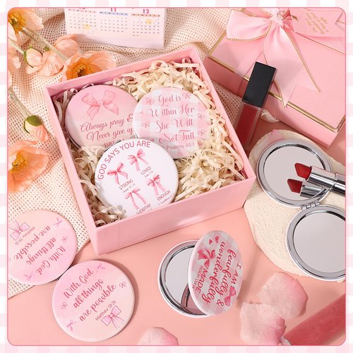 12 Pcs Pink Bow Coquette Mini Compact Mirrors Inspirational Christian Gifts Bulk for Women Portable Round Bible Verse Pocket Makeup Mirror Religious Gifts for Women Office School Church Party Favor