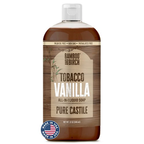 BAMBOO AND BIRCH Pure Castile Soap Liquid, Certified Palm Oil Free Natural Soap, Tobacco Vanilla, 32 oz