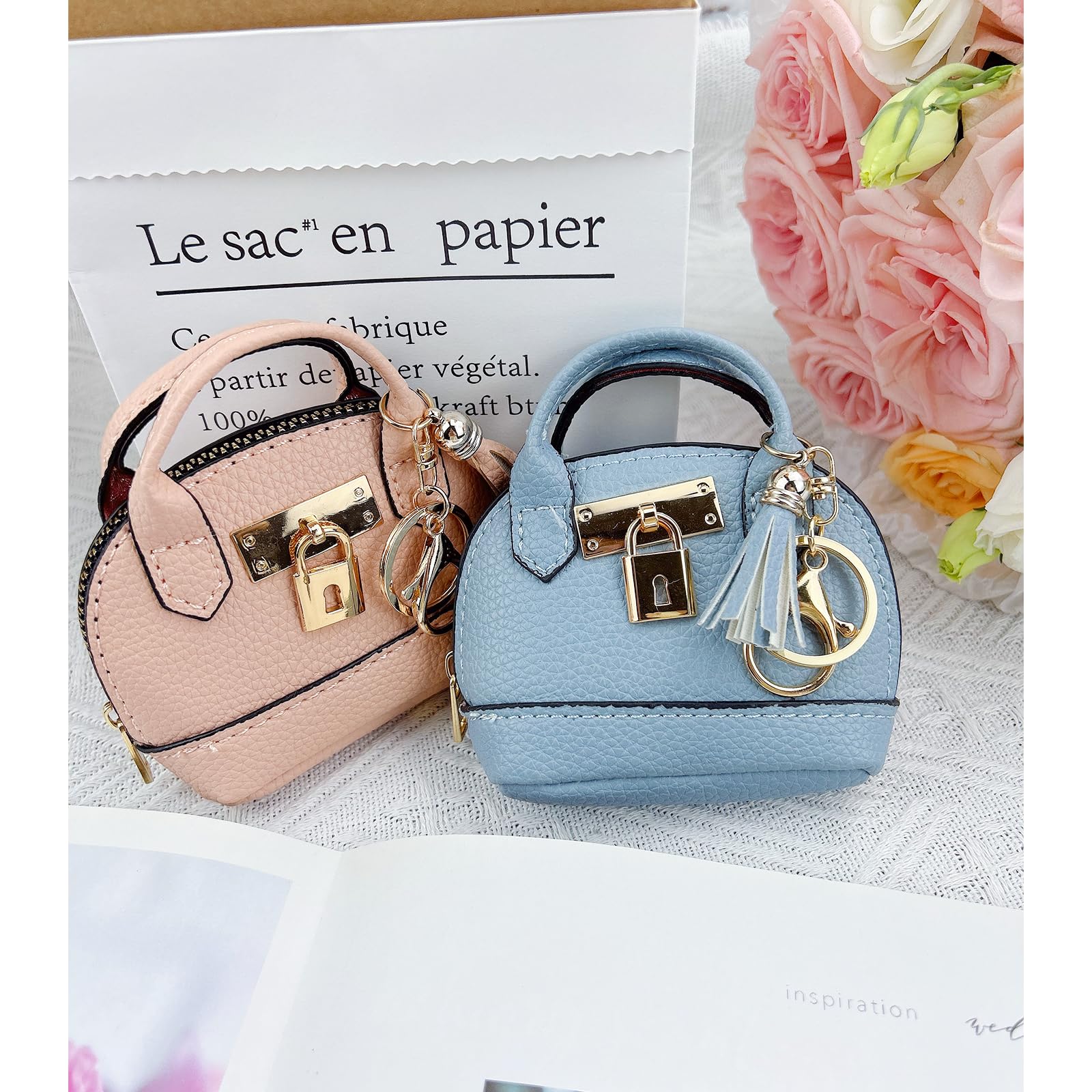 YJUBAOA 2 PCS Cute Mini Tote Bag Keychain for Women PU Leather Mini Backpack Purse Keychain Little Cosmetic Bag Key Lipstick Card Data Cable Organizer
