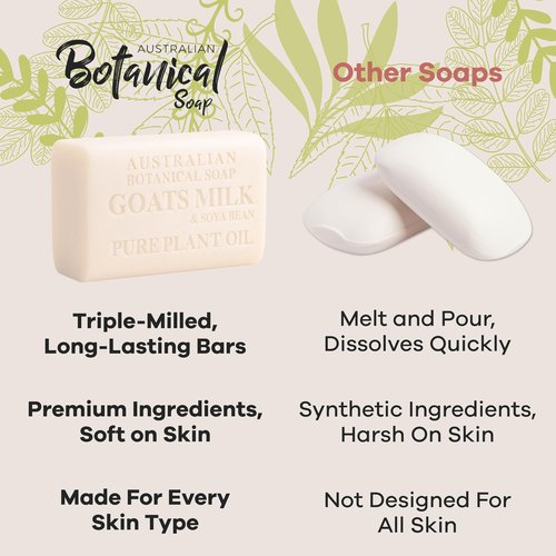 Australian Botanical Soap 6.5 OZ Pack of 4, Goat Milk Soap Bars with Soya Bean Oil, Enriched with Organic Shea Butter, Suitable for All Skin Types