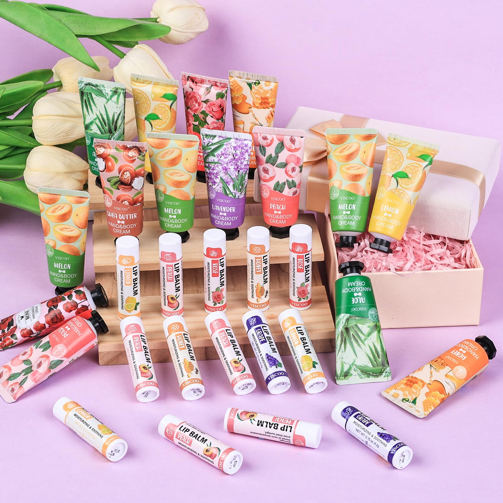 VISCOO 16 Pack Bulk Lip Balm and Hand Cream Set, Easter Basket Stuffers for Her, Thank You Bridal Wedding Favors for Guests, Mothers Day Gifts, Teacher Appreciation Gift and Nurse Gift
