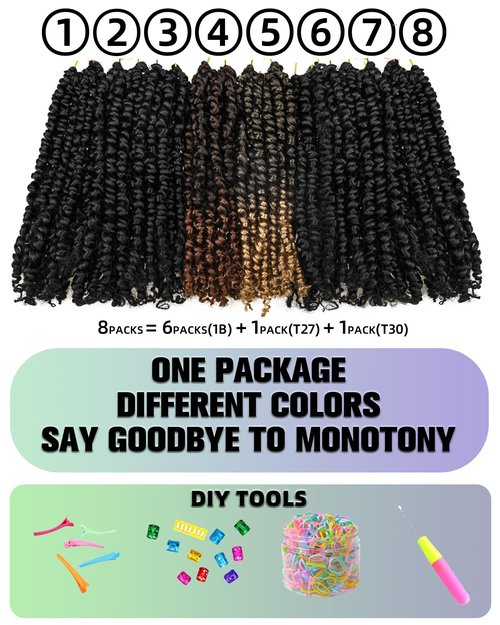 14 Inch 8 Packs Passion Twist Crochet Hair Pre looped-Mixed Color Combo Pack(6 packs 1B+ 1 pack T1B/27+1 pack T1B/30)Pre-twisted Pre Looped Soft & Bouncy Synthetic Braided Hair Extensions (1B+T27+T30)