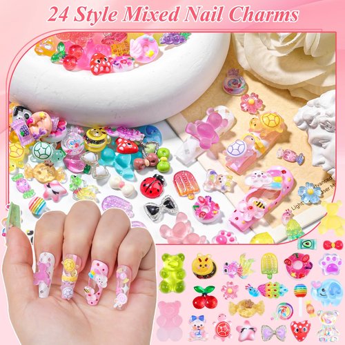 320Pcs Candy Nail Charms Kit, Cute Animal & Sweet 3D Nail Charms for Acrylic Nails Cartoon Gummy Bear Candy Lollipop Bee Fruit for Nail Art, DIY Craft with Tweezer and Pickup Brush