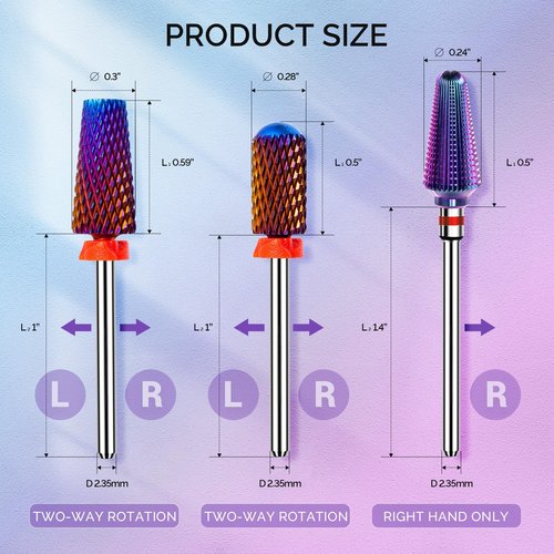 MelodySusie 3Pcs Nail Drill Bits Set, 3/32'' Carbide Tungsten Bits, 5 in 1, Smooth Round Top Large Barrel and Tornado Bits, Suitable for Manicure Pedicure Cuticle Gel Acrylic Remover, Purple