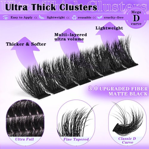 Thick Lash Clusters 180D Mega Volume Lash Extension 12-22mm Long Cluster Eyelashes Volume Individual Lashes D-Curly Faux Mink Eyelash Extension DIY Lash Extension for Beginners by FOINEMYED
