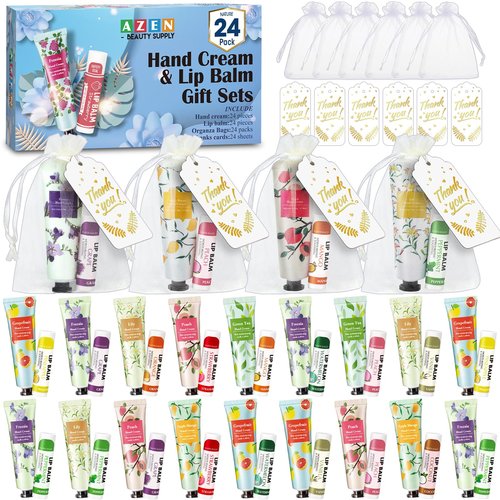 AZEN 24 Sets Bulk Gifts, Hand Cream and Lip Balm Bulk Set with Organza Bag Thank You Card, Baby Shower Wedding Gifts for Guests, Bridal Wedding Favors, Valentines Gift for Women
