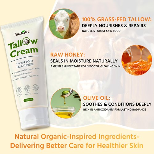 Taoscare Beef Tallow for Skin, 100% Grass-Fed Whipped Tallow Balm – Organic Moisturizer for Face & Body – Deep Hydration for Dry & Sensitive Skin – Natural Tallow Cream