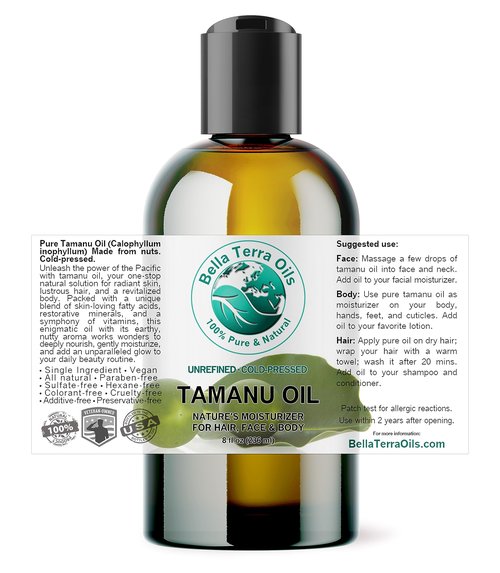 Bella Terra Oils - Organic Tamanu Oil 8 oz - Dive into Nutritional Excellence, Bursting with Palmitic Acid, Elevate Skin Care Regimen, Cold-Pressed Essence