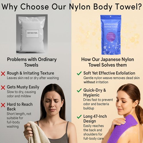 aisen Japan - Gentle Exfoliating Shower Towel, Ultra-Soft Japanese Nylon Body Scrubber, Long 47" Back Towel, Quick-Dry, Colorfast & Odor-Resistant, Made in Japan | Home & Spa (Purple)