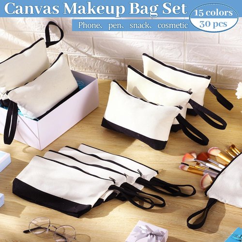 Silkfly 30 Pcs Cotton Canvas Makeup Bags Canvas Cosmetic Zipper 10.2 x 5.5 x 2 Inches Blank DIY Pouch Bag Bulk with Bottom Pencil Case Travel Toiletry Pouch for Women (Black,Beige)