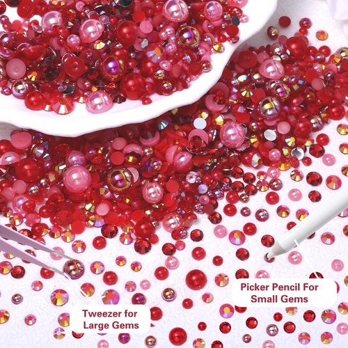 9000 Pcs Red Flatback Pearls and Rhinestones for Crafts, 3/4/5/6mm Jelly Resin Rhinestones, Mixed Size 3/4/6/8mm Half Pearl Bedazzling Gems for Nail DIY Crafts Mugs Bottles Tumblers Clothes Makeup