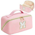 for Valentines Day Gifts, Makeup Bag for Women, PU Leather Travel Toiletry Bags, Initial Make Up Cosmetic Pouch for Teen Girls, Wide Open Portable Skincare Bag, Personalized Birthday Gifts, Pink M