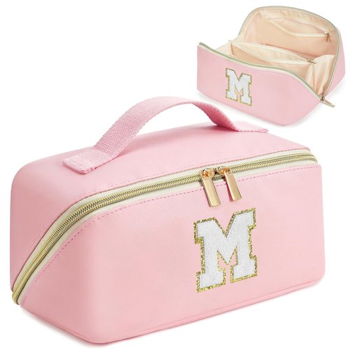 for Valentines Day Gifts, Makeup Bag for Women, PU Leather Travel Toiletry Bags, Initial Make Up Cosmetic Pouch for Teen Girls, Wide Open Portable Skincare Bag, Personalized Birthday Gifts, Pink M
