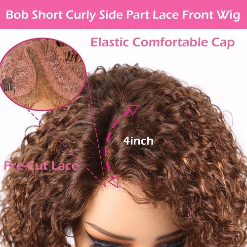 ManeMajesty Deep Curly Human Hair Wigs, Side Part Lace Front Pre Cut Lace, Wear and Go Glueless Wig 8 Inch Short Curly Bob Wigs for Women,100% Brazilian Human Hair,4/27/30 Brown Mixed Honey Blonde