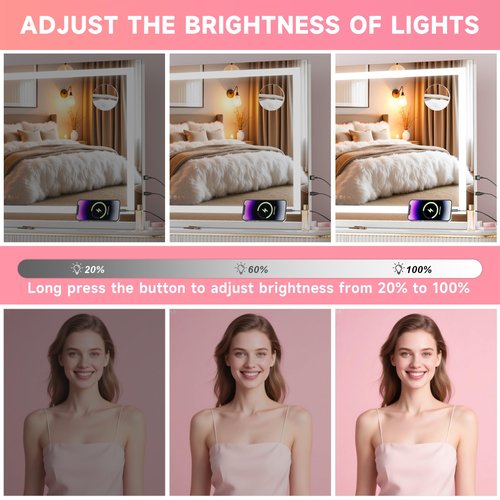 Batuso Vanity Mirror with Lights, 32" x 22" LED Makeup Mirror with 10X Magnification, Dimmable 3 Modes, Memory Function, Smart Touch, USB Charging Port, Lighted Makeup Mirror Square White