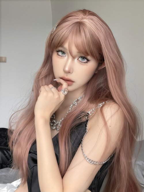 Aadesso peach beige color 65cm medium-length Wavy wigs for Daily Wear Heat Resistant Synthetic Matte wig with Realistic Simulation Scalp Middle Part with wig cap